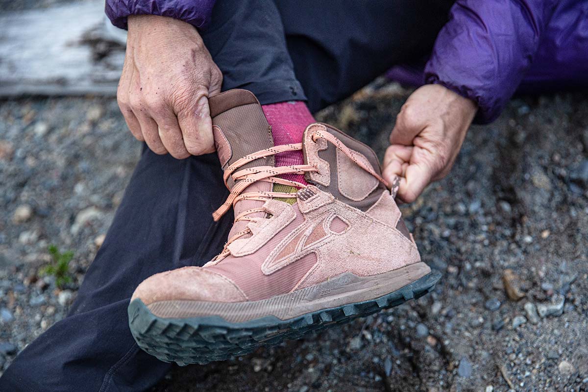 Putting on the Altra Lone Peak Hiker 2 hiking boots